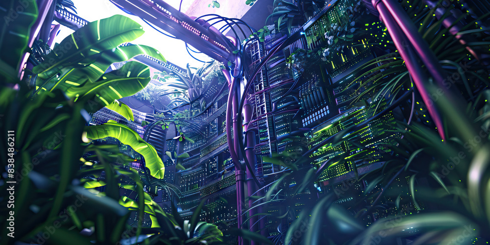 Poster the hexadecimal hothouse: a lush jungle of servers and network cables, surrounding a massive mainfra