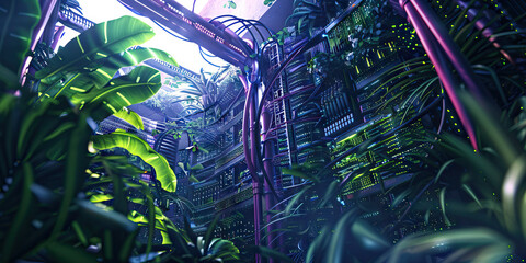 The Hexadecimal Hothouse: A lush jungle of servers and network cables, surrounding a massive mainframe.