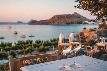Rose wine in glasses on a table under olive tree with view to a sunset rocky coastline and sea 