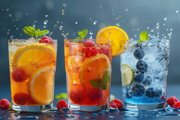 Three Vibrant Cocktails with Splashing Citrus and Berries on a Reflective Surface