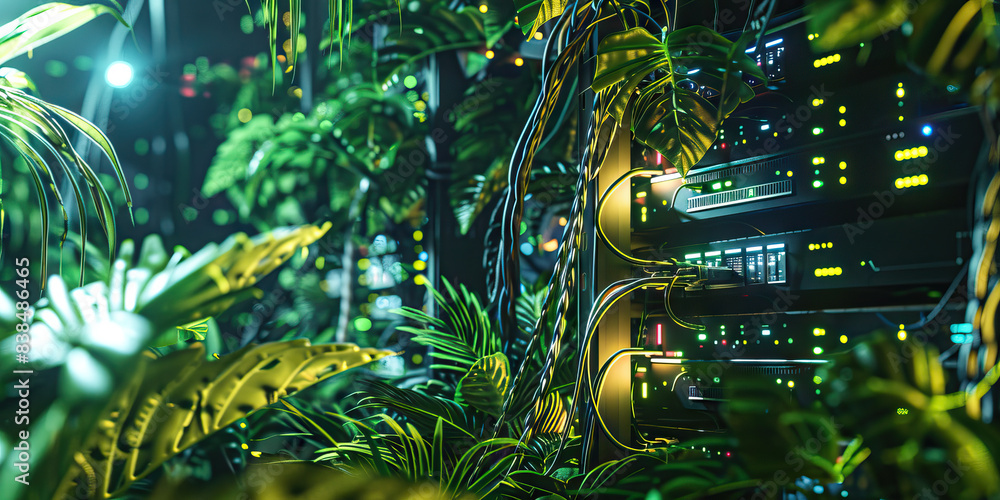 Poster the hexadecimal hothouse: a lush jungle of servers and network cables, surrounding a massive mainfra