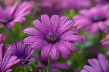 Obraz premium Purple flowers and green leaves in a field of blooms