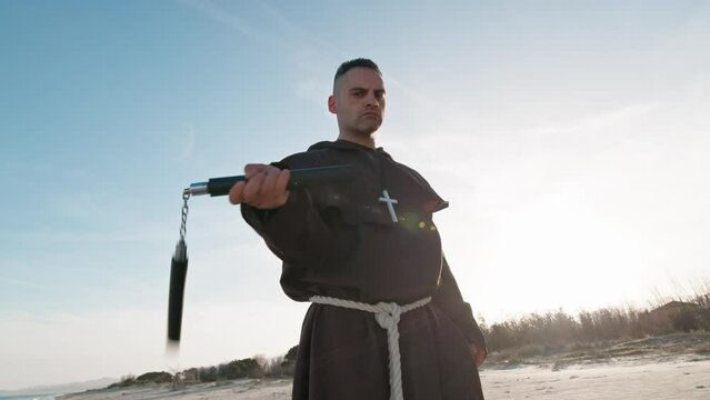 Circle Movement With Nunchaku Made By A Monk 