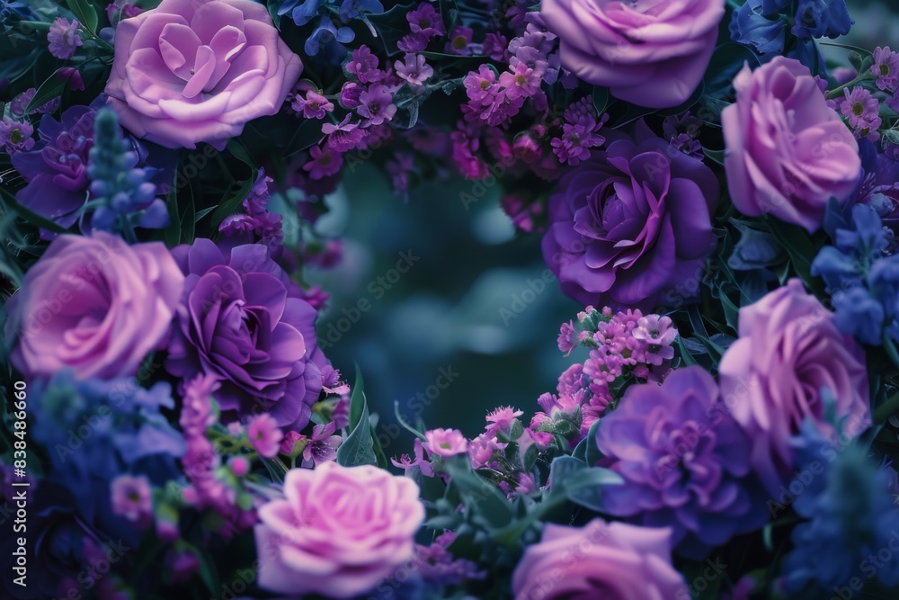 Canvas Prints circular arrangement of blue and purple flowers on a table