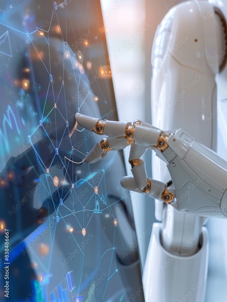 Poster hands of robot and human touching on big data ai network computer. hyper realistic