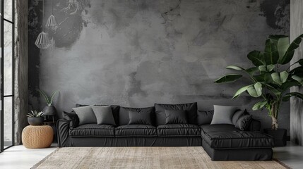 A sleek and stylish stock photo showcasing the modern interior design of a living room. A black sofa takes center stage in the room, exuding sophistication and elegance. The backdrop features an empty