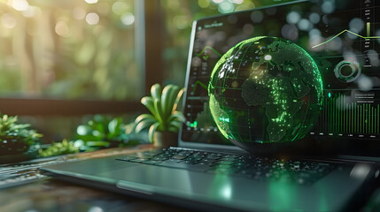 A green globe with a stock chart on the laptop screen. Green business concept. Digital sustainability. Future green energy innovation business trend.
