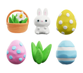 Plasticine eggs, rabbit, grass and basket with flower 3D style