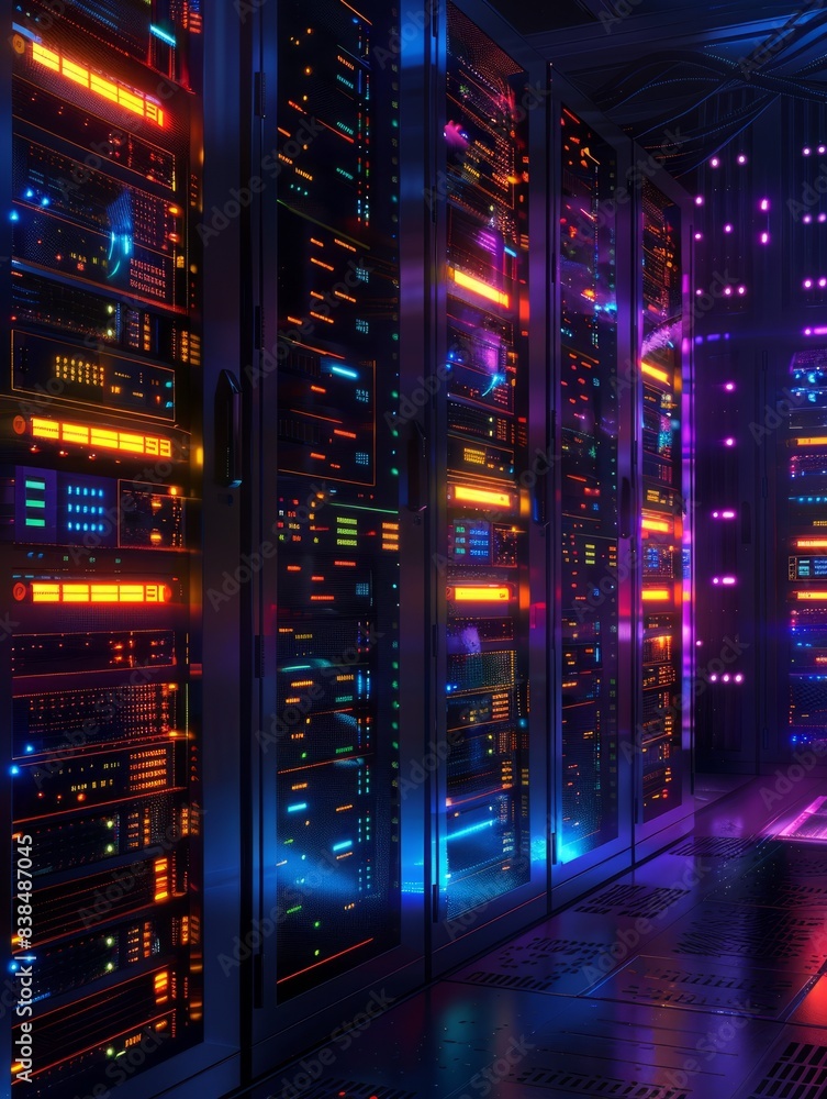 Poster high performance data servers. ultra high performance servers in data center rack, operating at full