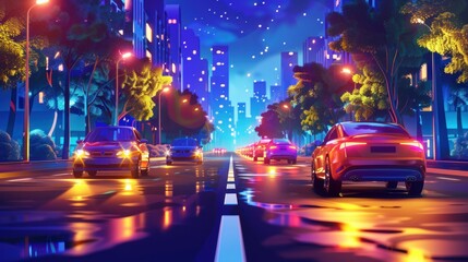 Bright night city landscape. The city is illuminated with a variety of lights, cars are driving along the long street. The street is lined with tall buildings.