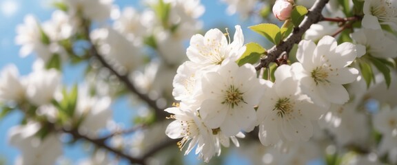 Obraz premium White blooming tree branch close up in a sunny day Spring nature concept Selective focus.