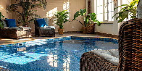 a scene indoor swimming pool The pool is rectangular, with a dark blue tint, reflecting the warmth of the room. It's surrounded by a woven rattan wall, 