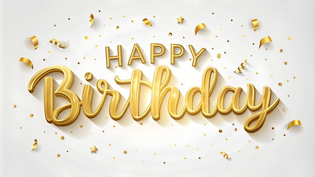 Happy Birthday with khat style letters. The text appears gold in color and has a three-dimensional effect. Around the text is confetti and gold ribbon