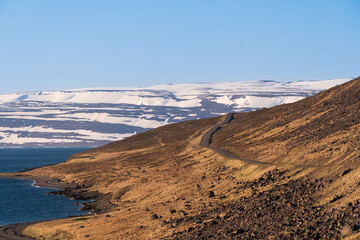 Iceland, Isafjordur route 61, road trip, summer evening, fjords, empty roads, iceland scenic route,...
