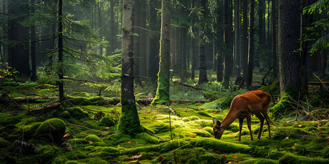 deer eating grass in the forest with green background,