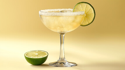 A margarita, a classic cocktail with tequila, lime juice, and triple sec, served in a salt-rimmed glass with a lime wedge, isolated.