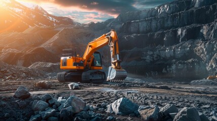 Excavator Operating in a Quarry at Sunset. Generative ai