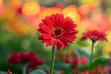 Single red flower among field of flowers