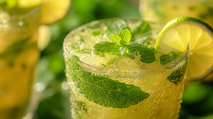 A mojito, a refreshing cocktail made with white rum, fresh mint leaves, lime juice, sugar, and soda water, garnished with a sprig of mint and a lime slice