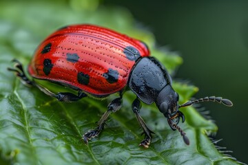 Beetle with red body on leaf with black spots