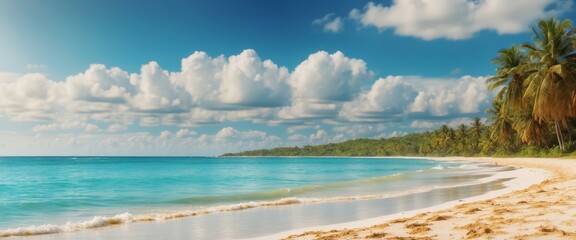 Obraz premium Summer background, nature of tropical golden beach with blue sky and white clouds Golden sand beach with glare in water and defocused landscape Copy space, summer vacation concept.
