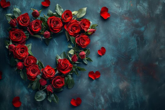 Heart red roses blue background
