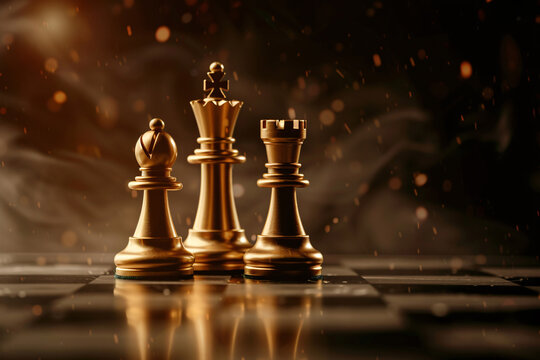 Close up of golden queen and king chess pieces - Powered by Adobe