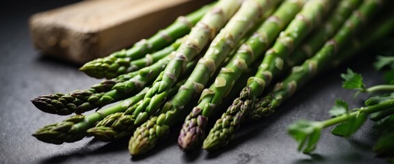 Green asparagus Food suitable for vegans and vegetarians Healthy cooking concept Top view Flat lay.