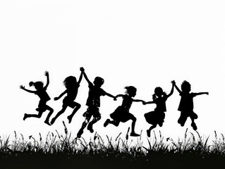 Energetic children are captured mid-jump in a silhouette celebrating togetherness and fun
