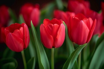 Obraz premium Red tulips in vase with green leaves