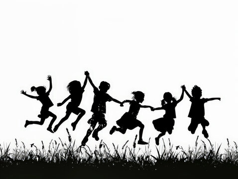Energetic children are captured mid-jump in a silhouette celebrating togetherness and fun