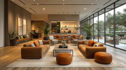 A hospitality-inspired office features a café-style lounge area and collaborative workstations, with barista services and modular seating 