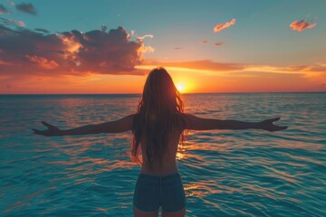 Fototapeta premium Woman in ocean arms outstretched