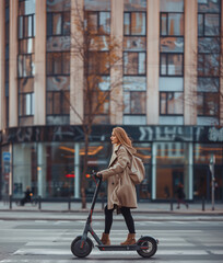 Obraz premium young woman riding electric scooter on the city street