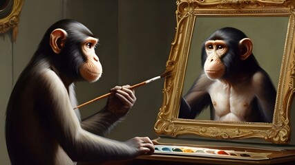 A monkey with a paintbrush in hand, gazing intently at a mirror and recreating its reflection on a canvas in a classic art style
