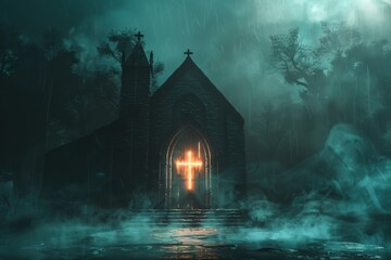 Rainy church with cross