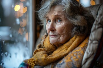 Fototapeta premium Woman views through window wearing scarf