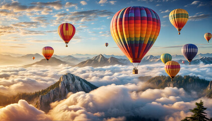 Hot air balloons in the sky above clouds. Travel and adventure flight wallpaper.