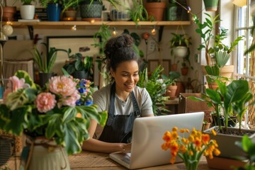 A woman in an apron at home workspace sitting at a wooden table working on a laptop with a joyful smile on her face