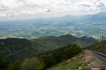 Naklejka premium Travelling by old wooden train up to Larrun or La Rhune, Larhune mountain at the western end of the Pyrenees located on border of France and Spain, in traditional Basque provinces Labourd and Navarra