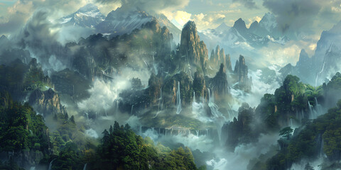 Obraz premium A majestic mountain peak shrouded in mist