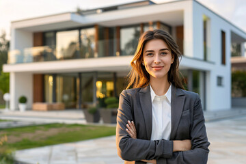 portrait of successful female real estate agent near modern house