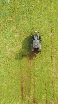 Vertical Screen: A tractor is seen from above as it mows grass in the lush green fields of the Azores, Portugal. The video frames depict a vertical view, ideal for various formats including 4K.