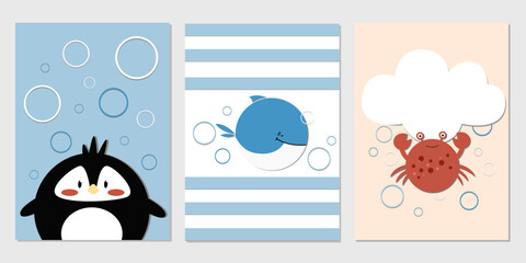 Childrens cute greeting card with crab, penguin and whale. Template for birthday invitation