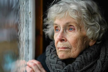Senior lady gazes through window draped in scarf