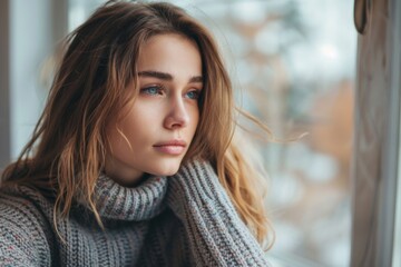 Obraz premium Woman gazes through window, hand on head