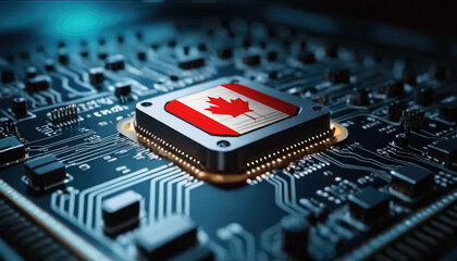 A close-up of a computer chip featuring the Canada flag, highlighting Canada advancements in technology