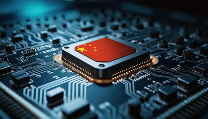 A close-up of a computer chip featuring the China flag, highlighting China advancements in technology