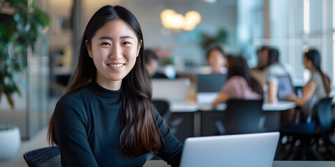 Fototapeta premium Joven mujer asiatica sentada mirando a una laptop trabajando feliz en una oficina al fondo personas desenfocaras 