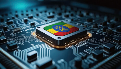A close-up of a computer chip featuring the Ethiopia flag, highlighting Ethiopia advancements in technology